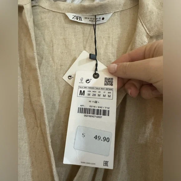 Zara Linen Beige Long Sleeve Dress NWT - Picture 2 of 3
